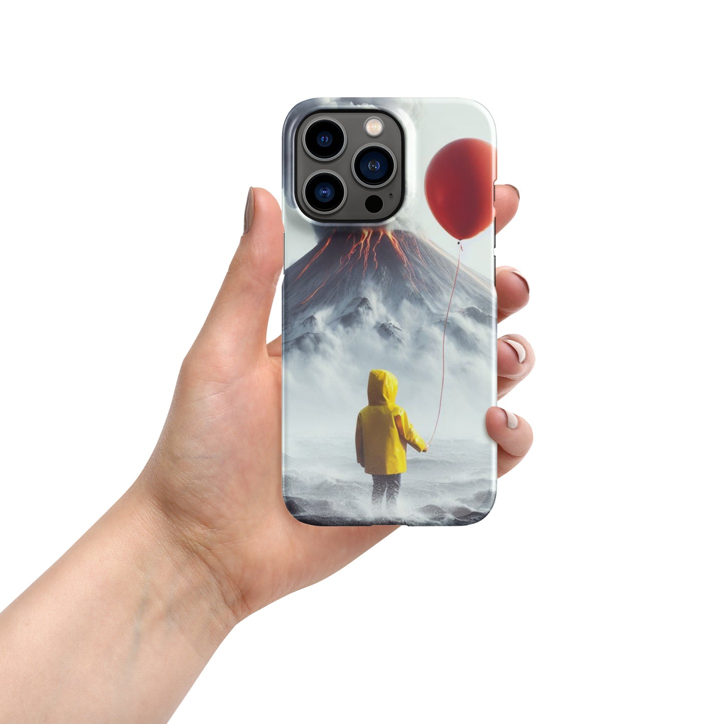 A Boy Wearing A Yellow Rain Coat Holding A Red Balloon Looking Into A Smokey Volcano Snap case for iPhone®