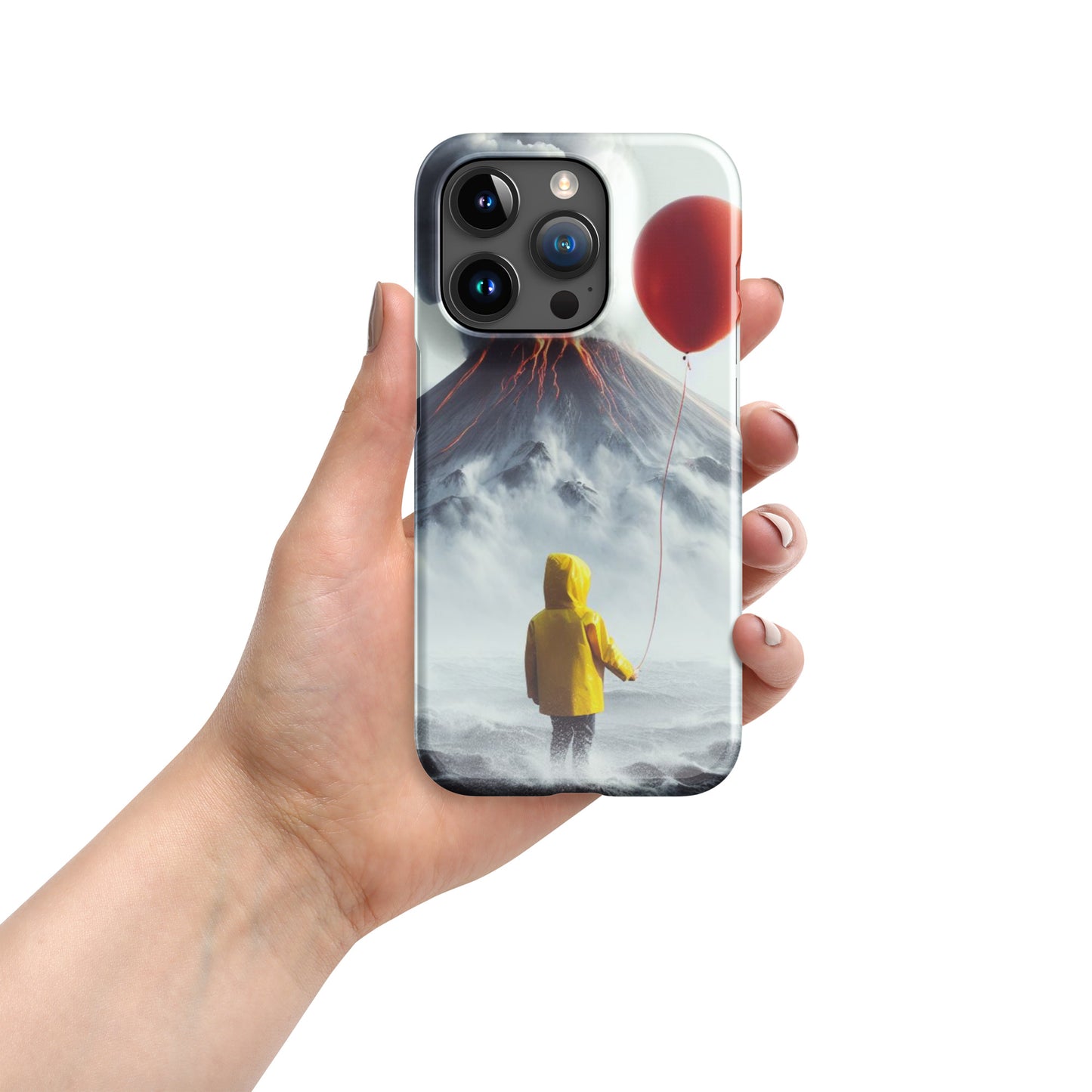 A Boy Wearing A Yellow Rain Coat Holding A Red Balloon Looking Into A Smokey Volcano Snap case for iPhone®