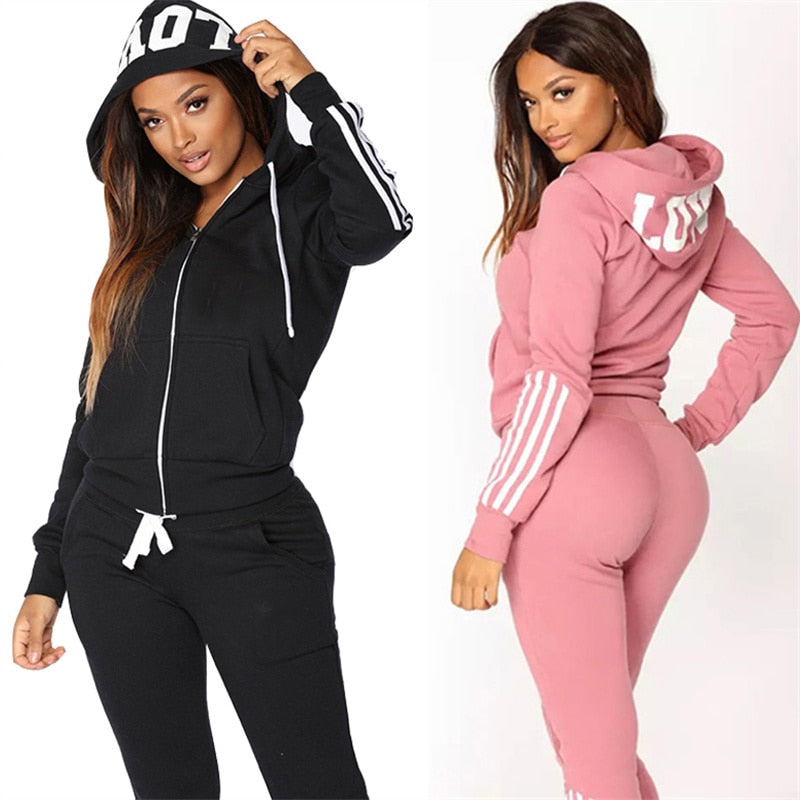 Fashion Women Pink Sweatshirt Suit Women's Hoodie 2 Piece Suit Love Print Slim Body Hoodie Suit Sports Running Hoodie Suit