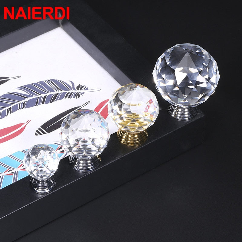 NAIERDI 20mm/30mm/40mm Round Diamond Crystal Glass Knobs