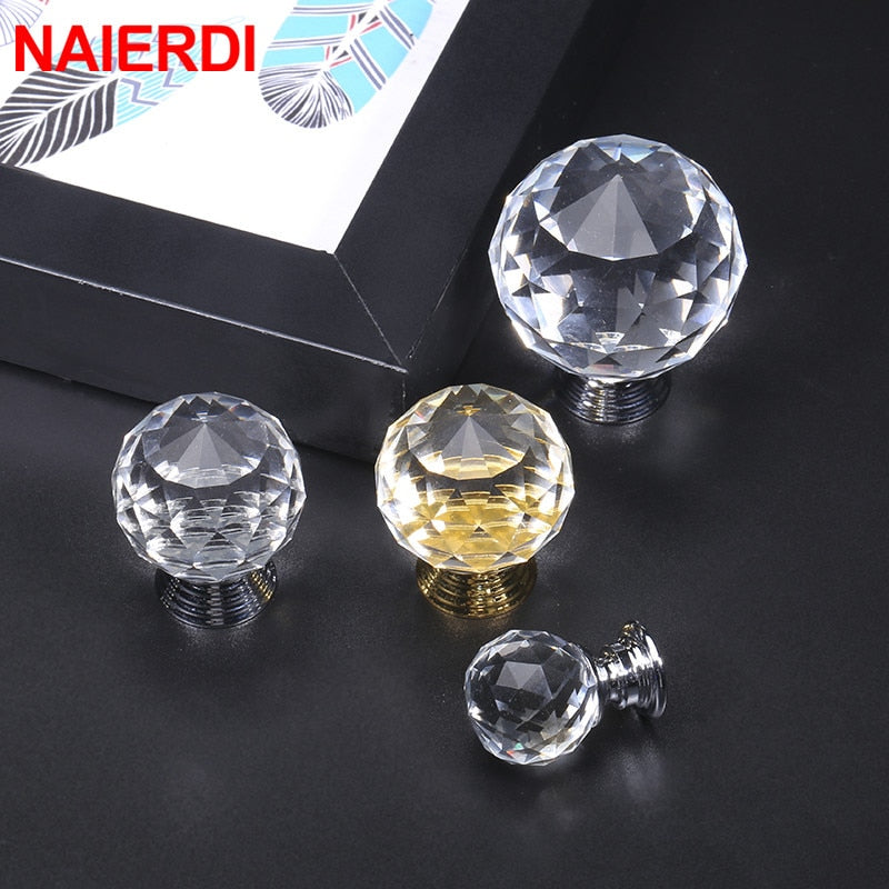 NAIERDI 20mm/30mm/40mm Round Diamond Crystal Glass Knobs