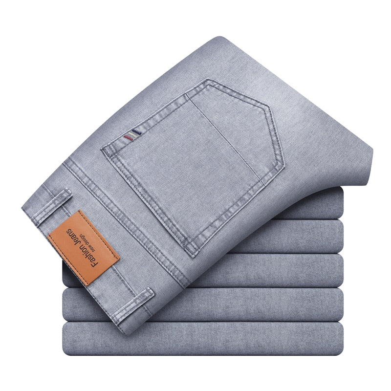 2023 Straight Lightweight Cotton Stretch Denim Men's Casual High Waist Thin Light Grey Jeans