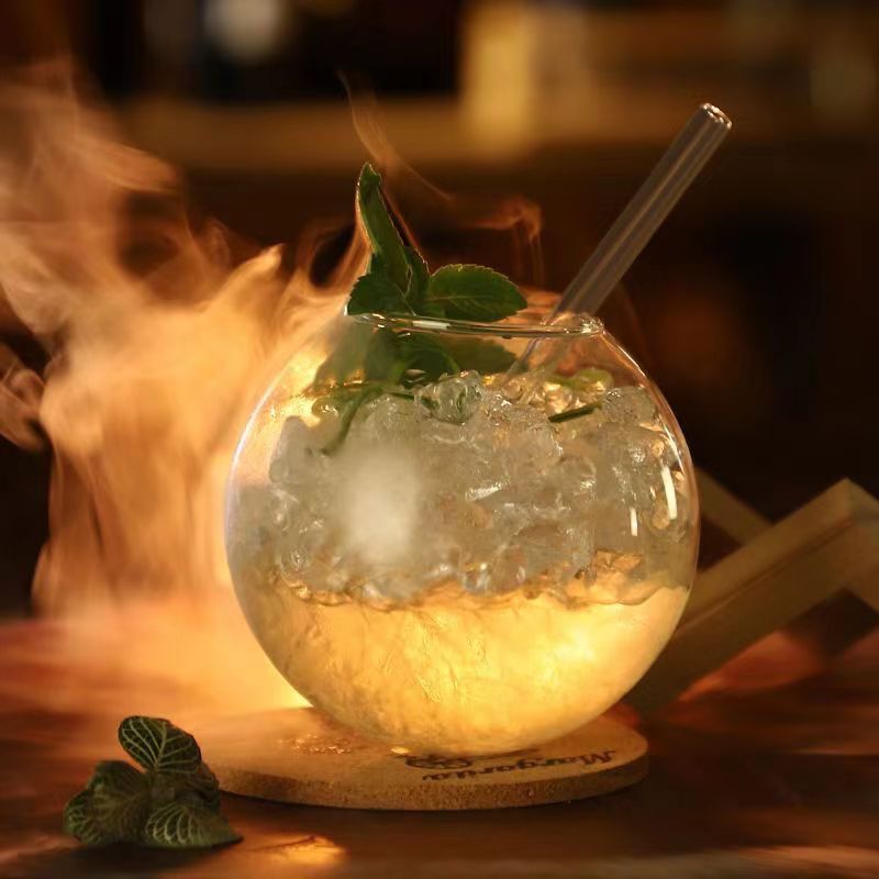 Clear Moon Cocktail Glass With Glass Straw With Or Without Wood Stand