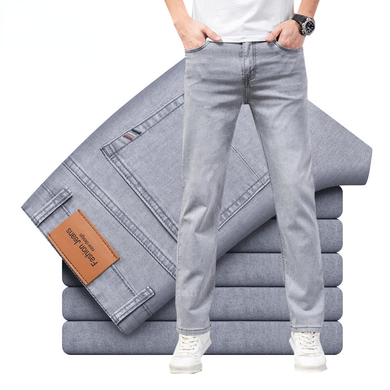 2023 Straight Lightweight Cotton Stretch Denim Men's Casual High Waist Thin Light Grey Jeans