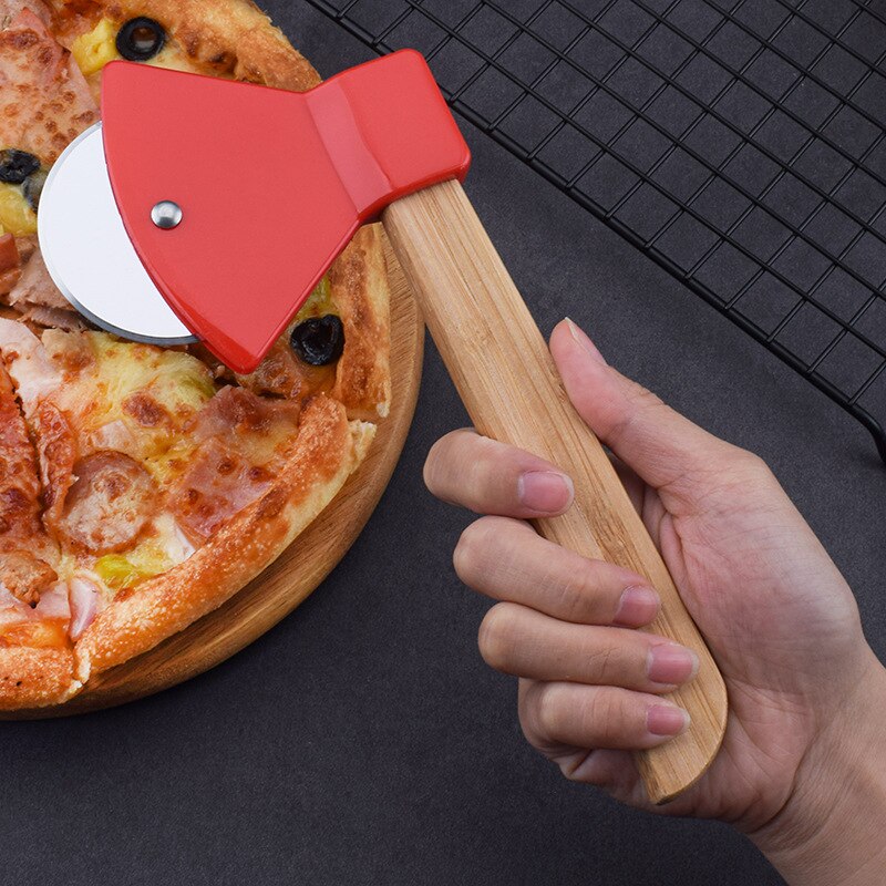20CM Axe Bamboo Handle Pizza Cutter Rotating Blade Home Kitchen Cutting Tool