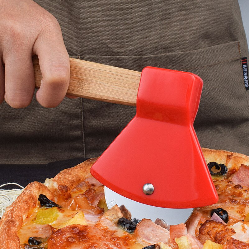 20CM Axe Bamboo Handle Pizza Cutter Rotating Blade Home Kitchen Cutting Tool
