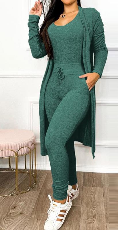 Two Piece Set Women Outfit 2023 Fashion Drawstring Pocket Design U-Neck Sleeveless Skinny Jumpsuit & Long Sleeve Coat Set