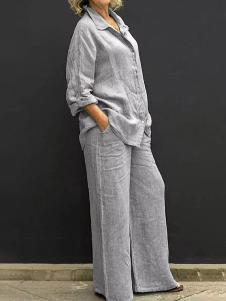 Women Autumn Linen Lapel Shirt Two Pieces Set Vintage Solid Long Sleeve Button Blouse and Loose Straight Pants Casual Suits Various Colours