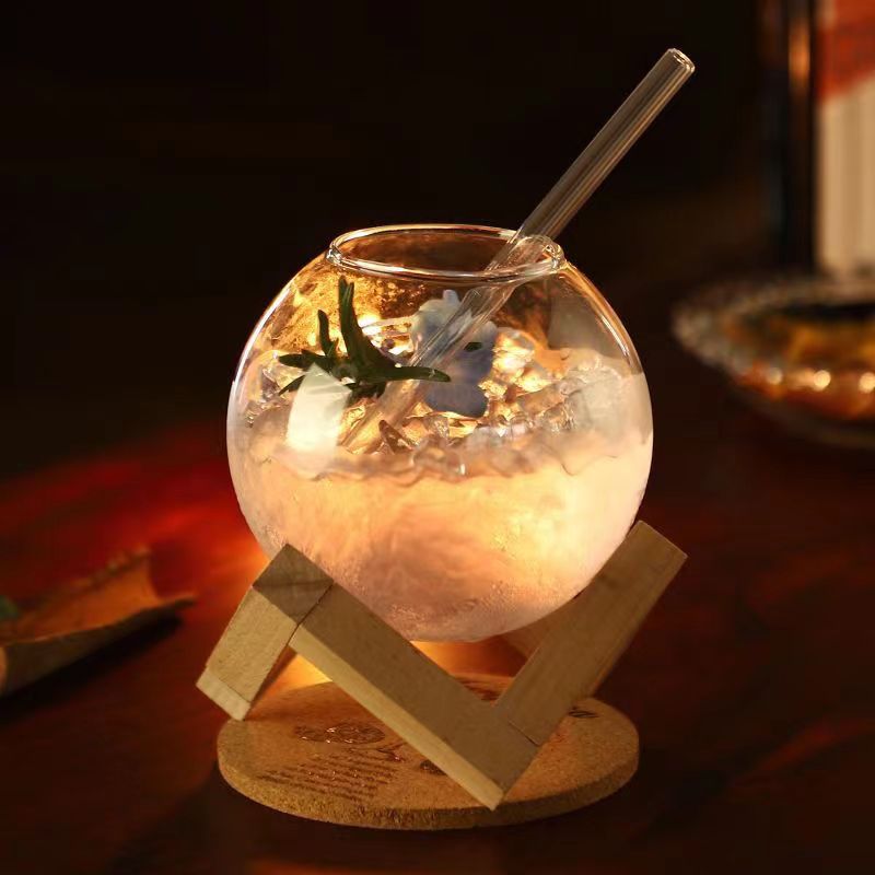Clear Moon Cocktail Glass With Glass Straw With Or Without Wood Stand