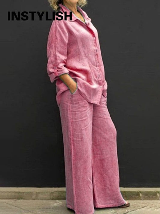 Women Autumn Linen Lapel Shirt Two Pieces Set Vintage Solid Long Sleeve Button Blouse and Loose Straight Pants Casual Suits Various Colours