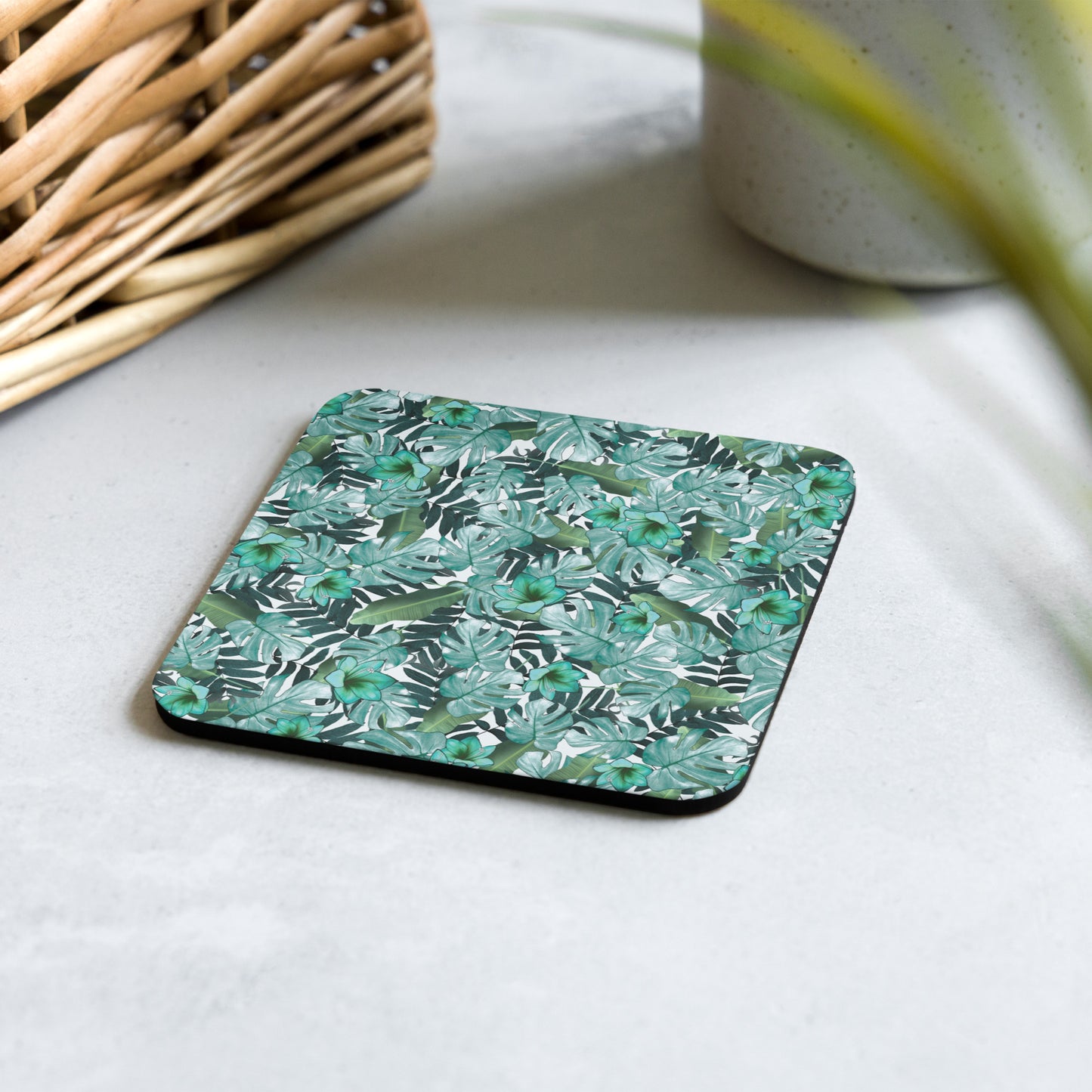 Blue-Floral Cork-back coaster